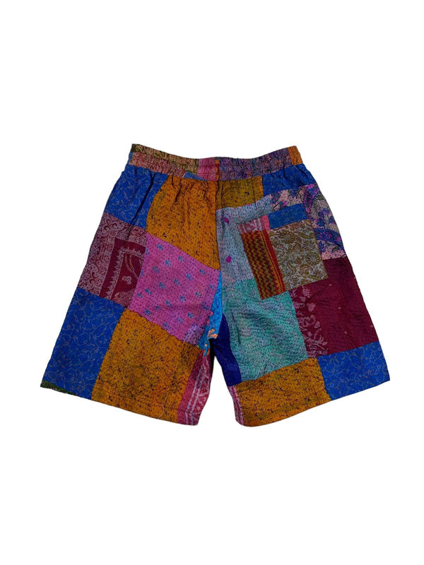 Patch silk kantha quilted shorts